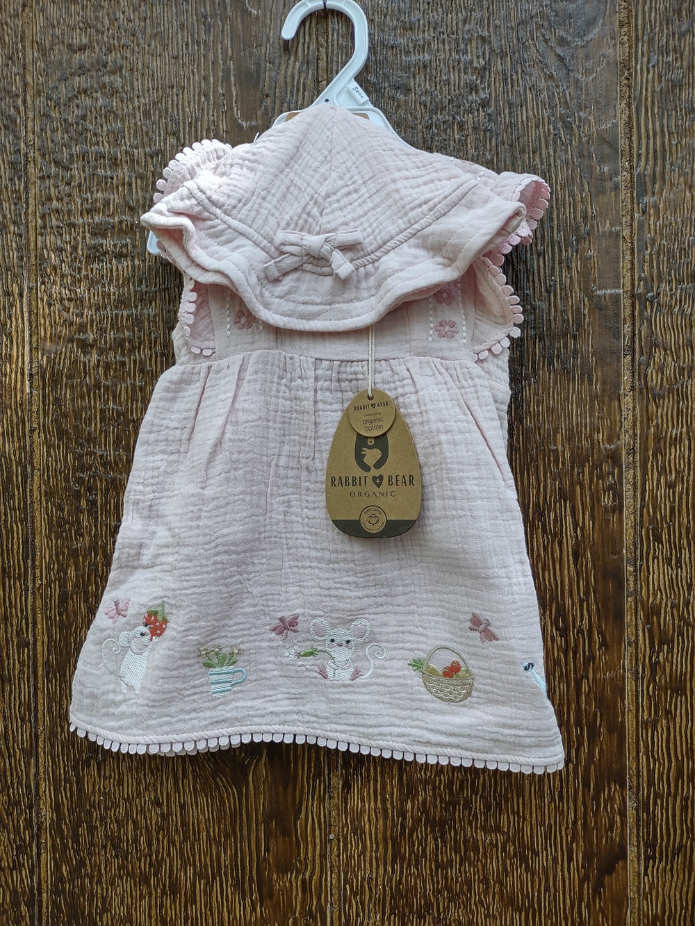 Rabbit + Bear Organic Pink Muslin Baby Dress with Sun Hat